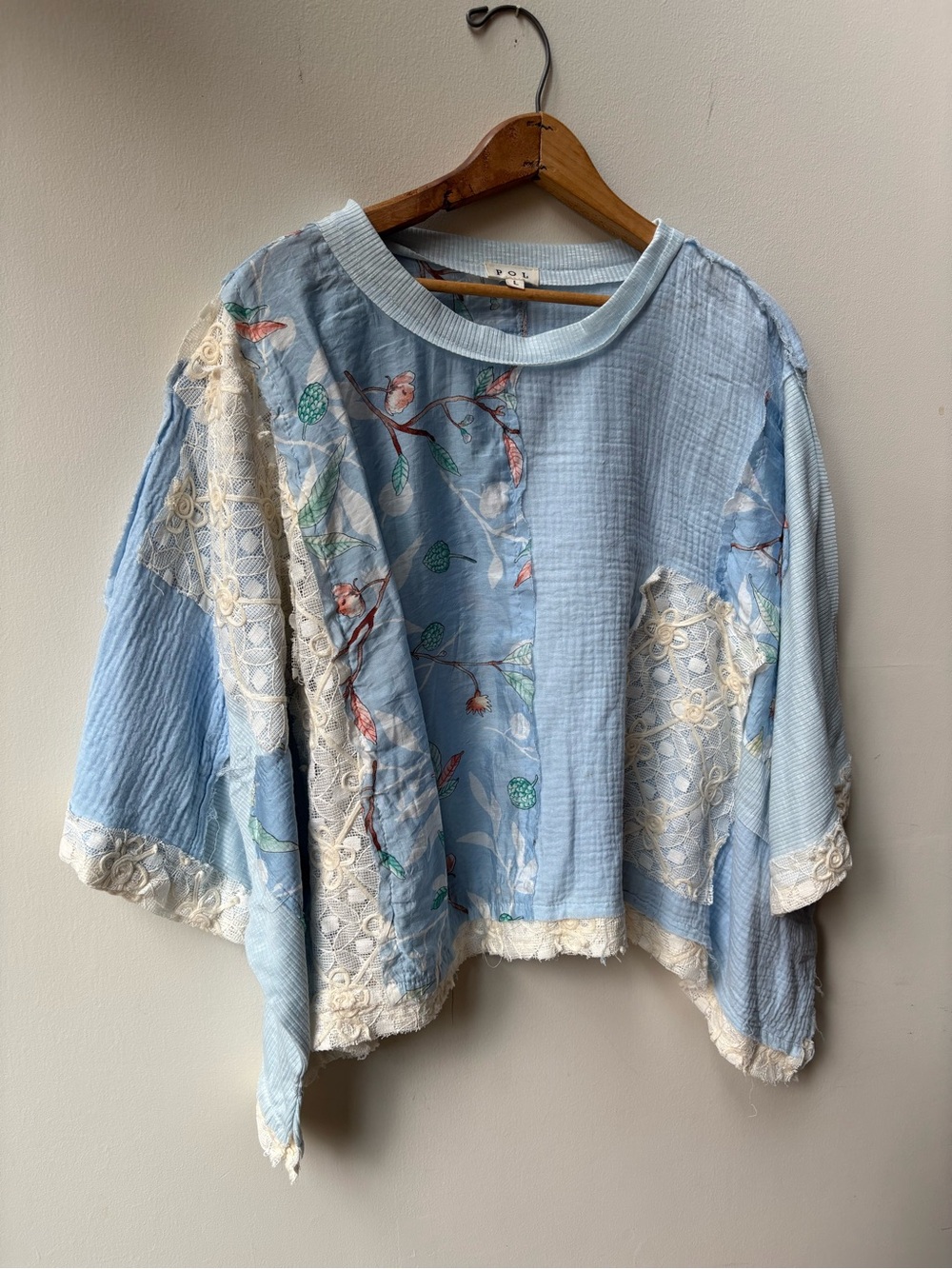 POL Powder Blue Floral Patchwork Lace Tunic Top